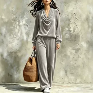 Women velvet lounge set cowl neck top straight leg pants fashion autumn winter casual outfit