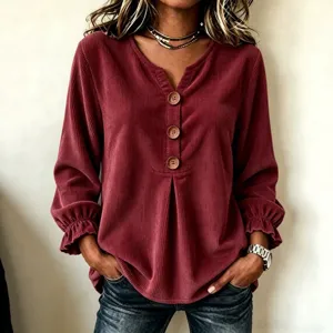 Burgundy corduroy long sleeve V-neck blouse with wooden buttons for women casual daily wear.