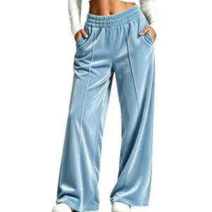 Women's autumn winter velvet wide leg pants casual high waist drape trousers light blue