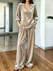 Women's Casual Velvet V-Neck Long Sleeve Top And Wide Leg Pants Two-Piece Set Solid Color Loose Fit Fashion Outfit