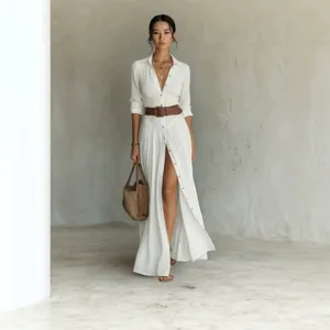 Elegant white long sleeve shirt maxi dress with stylish belt for women vacation resort wear