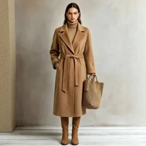 Elegant women's long lapel camel wool coat, perfect for autumn winter casual daily commuting wear.