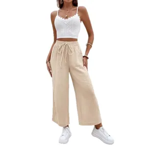 Casual loose solid color drawstring straight pants and white camisole set for women daily wear