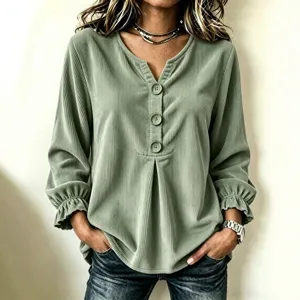 Sage green corduroy long sleeve V-neck blouse for women casual commuter chic daily wear