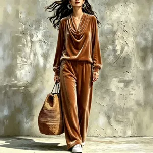 Stylish women's brown velvet two-piece set featuring a cowl neck top and wide-leg trousers.