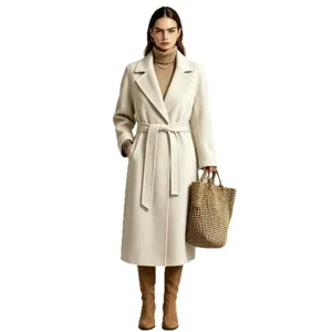 Women winter long wool coat elegant lapel belted trench coat casual commuter outerwear apparel