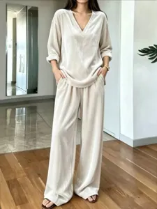 Beige velvet V-neck long sleeve top wide leg pants casual two piece outfit set