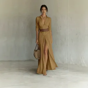 Elegant long sleeve shirt maxi dress with belt, ruched high waist and front slit for women.
