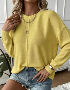 Suéter de punto casual de color sólido con mangas largas y cuello redondo para mujer.