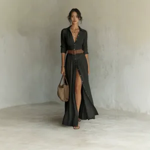 Elegant long sleeve lapel shirt dress with belt high waist split design for women fashion.