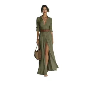 Elegant olive green long sleeve shirt dress with high waist, belt and side split for women.