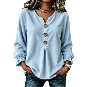 Light blue corduroy long sleeve V-neck blouse with wooden buttons for women commute fashion