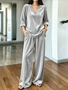Velvet V-neck long sleeve top wide leg pants two piece set casual fashion autumn winter women outfit