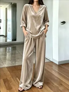 Women velvet two piece set V neck long sleeve top wide leg trousers lounge wear outfits