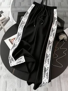 Pantaloni da Ginnastica Donna Vita Alta Gamba Larga Patchwork di Pizzo Strisce Laterali Casual Larghi Sportivi Tinta Unita