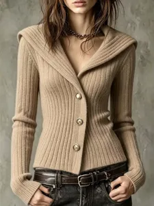 Chic ribbed knit cardigan for women, long sleeve V-neck single-breasted stylish top.