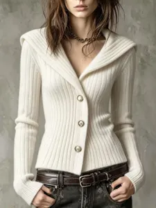 Women's off-white ribbed knit cardigan V-neck long sleeve button sweater for autumn daily wear.