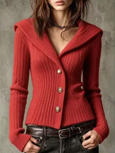 Red ribbed knit cardigan for women, long sleeve V-neck sweater with metal buttons main view.