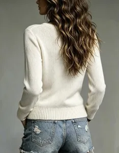 Back detail view of a solid color v-neck long sleeve slim fit knit sweater top for women.