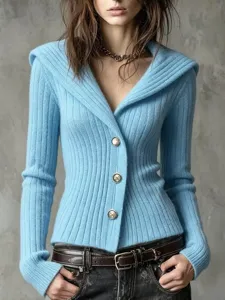 Women light blue ribbed knit cardigan long sleeve V neck single breasted sweater top