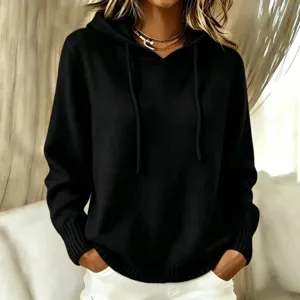 Women black knit hooded sweater with pockets and drawstring, casual autumn winter pullover.