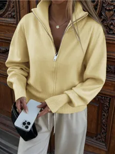 Women Stand Collar Zip Up Knit Cardigan Loose Long Sleeve Solid Color Sweater Coat Relaxed Casual Knitted Outerwear Top