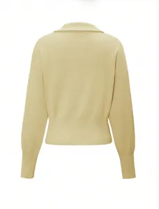 Back detail view of casual solid color knit cardigan showing ribbed hem and collar design.