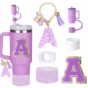 Set accessori per tazza viola con copertura di paglia toppa di lettere e fondo in silicone 30 40oz