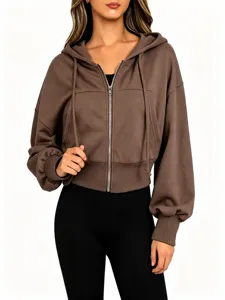 Women American Casual Hooded Zipper Sweatshirt Oversized Drop Shoulder Solid Color Loose Fit Polyester Hoodie Cardigan For Autumn Daily Wear