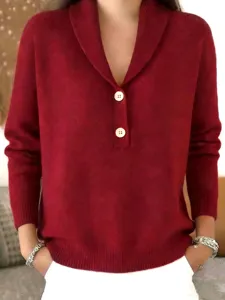 Women casual solid color polo collar knit sweater long sleeve button pullover top detail.