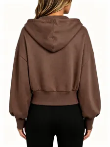 Brown hooded sweatshirt back detail, casual drop shoulder design, soft fabric comfortable wear.