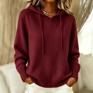Burgundy knit hooded sweater detail, casual pullover with pocket and drawstring design.