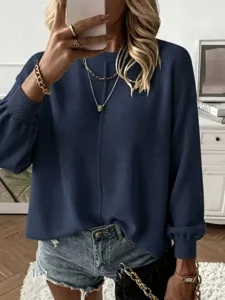 Jersey de punto para mujer cuello redondo manga larga color liso pullover otoño.