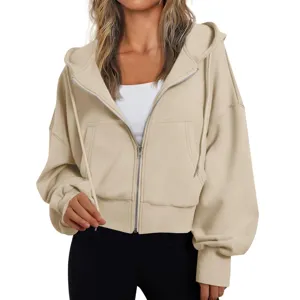 Casual women's full-zip oversized hooded sweatshirt drop shoulder solid color cozy outerwear.