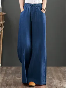 Women High Waist Wide Leg Pants Elastic Drawstring Waist Loose Fit Solid Color Polyester Flowy Long Casual Trousers With Pockets
