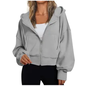Casual grey zip-up hoodie for women, oversized long sleeve hooded sweatshirt with pockets.