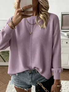Suéter de punto holgado con cuello redondo para mujer, jersey liso de manga larga para otoño.