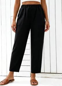 High-waisted elastic waist straight casual trousers for women, featuring a stylish draped look.