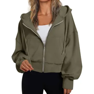 Women casual olive green zip up hoodie oversized drop shoulder sweatshirt detail view
