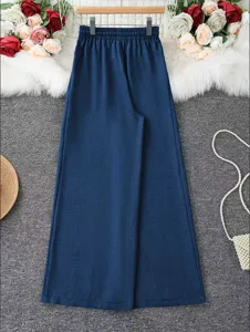 Classic dark blue high-waist wide-leg pants, comfortable loose casual ramie trousers for women.