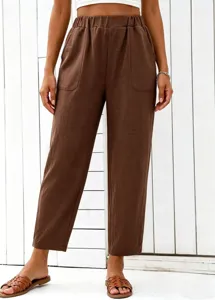 Women's high waist elastic straight leg casual pants in brown with functional pockets.