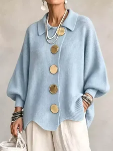 Light blue knit cardigan with large gold buttons and lapel, chic lantern sleeves, lazy style.