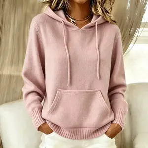 Stylish pink knit hooded sweater for women, casual long sleeve pullover with front pocket.