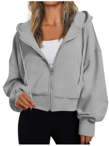 Women Casual Zip Up Hoodie Grey Long Sleeve Oversized Hooded Sweatshirt Pocket Outerwear