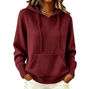 Women's Fall Winter Casual Knit Hoodie Solid Color Long Sleeve Pullover with Pocket