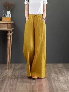 Women high waist linen wide leg pants casual loose draped floor length trousers yellow