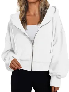 Women white zip up hoodie casual loose drop shoulder hooded sweatshirt outerwear for daily wear
