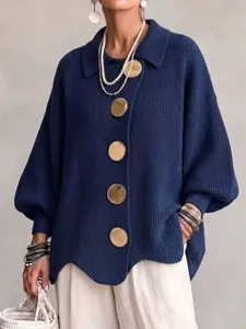 French lapel knit cardigan for women, casual loose lantern sleeve sweater with gold buttons.