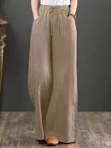 Women high waist ramie wide leg pants casual loose drape floor length trousers main view