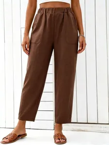 High-waisted elastic waist straight leg casual trousers for women, comfortable loose wide leg pants.